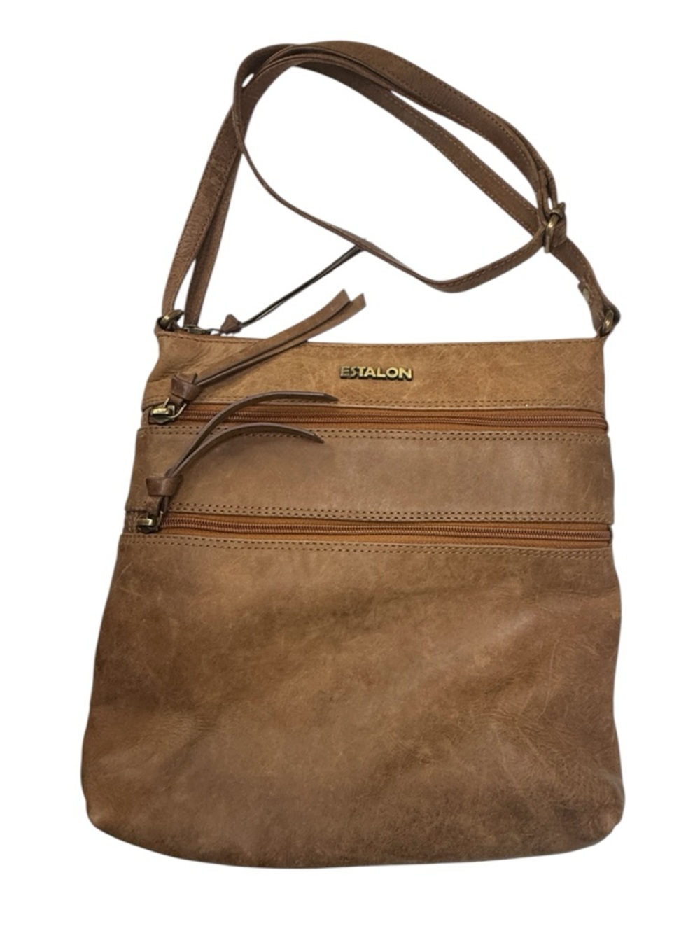Estalon Brown Leather Multi-Pocket Cross Body Bag Purse